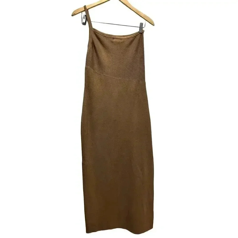 HOUSE OF‎ HARLOW 1960  Ribbed Brown One Shoulder Strap Dress Size M